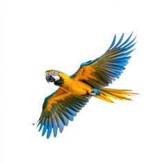 Fototapeta premium Colorful macaw parrot in mid flight against white background