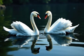 Fototapeta premium Dark water, white swan shapes mirrored, multiple swans visible, lake, wildlife, nature photography