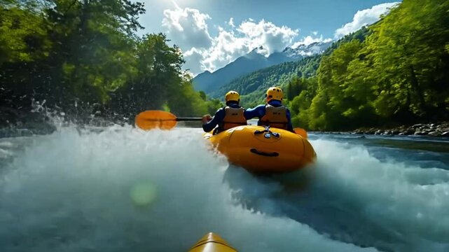 Two kayakers navigate a mountain river rapids