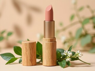 Eco-friendly and biodegradable nude lipstick in wooden tube on a floral background. Natural and organic product. Cosmetics, beauty and makeup concept