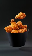 Crunchy fried chicken on black paper bucket floating in solid vertical background