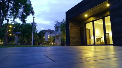 Modern Minimalist House Exterior  Night View  Sliding Glass Doors  Luxury Home