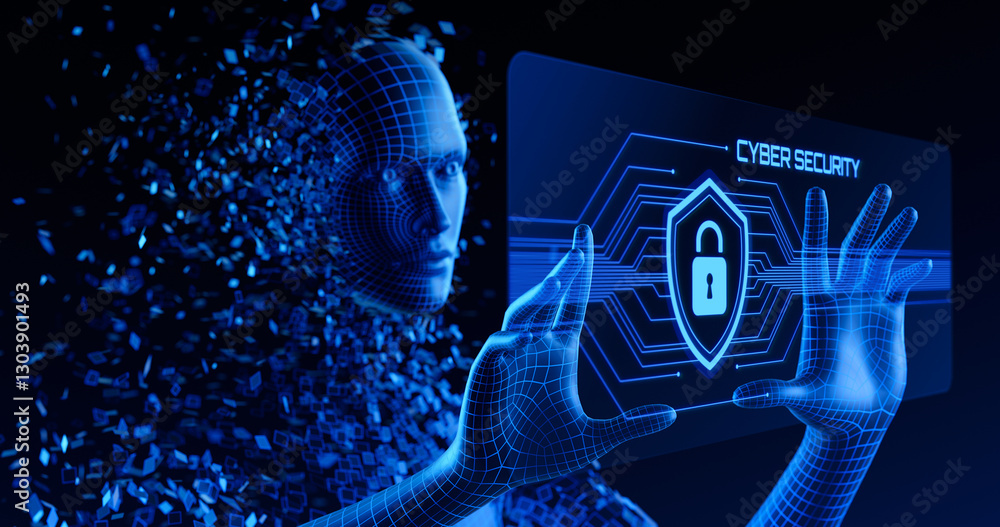 Poster cyber security and artificial intelligence. human digital avatar or ai agent touch screen