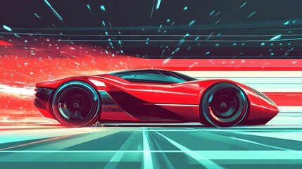 A red sleek sports car is speeding along a light speed track