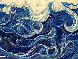 Abstract Swirling Ocean Waves Blue and Cream Hues Fluid Art Whimsical Design Nautical Texture