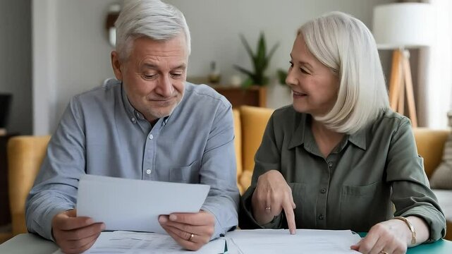 Older couple going through documents, showing expressions shifting from concern to slight amusement