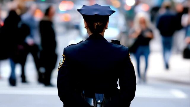 A female police officer with a backside pose standing on the street in the daytime