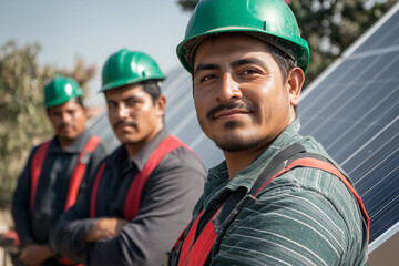 Photography of a Mexico team of solar panel installation technicians, with the installation of the panels in the background.