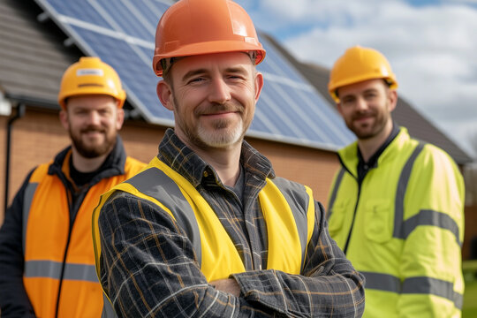 Photography of a Ireland team of solar panel installation technicians, with the installation of the panels in the background.