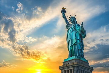 Fototapeta premium Iconic Statue of Liberty Against a Dramatic Golden Sunset Sky