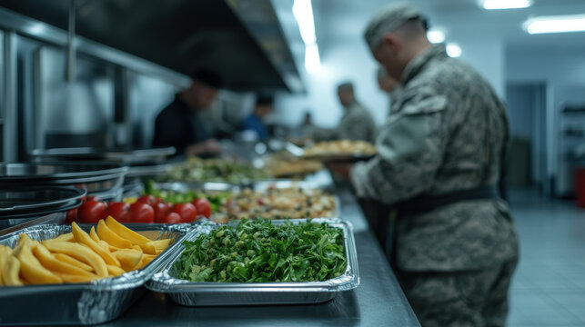 Caucasian male soldier selecting food in military dining hall, cafeteria, army, uniform, meal