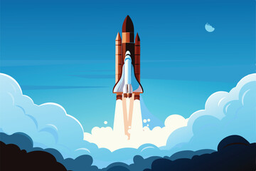 Create a vibrant vector illustration of a space rocket launching into a starry night sky, emphasizing fiery exhaust and dynamic motion.