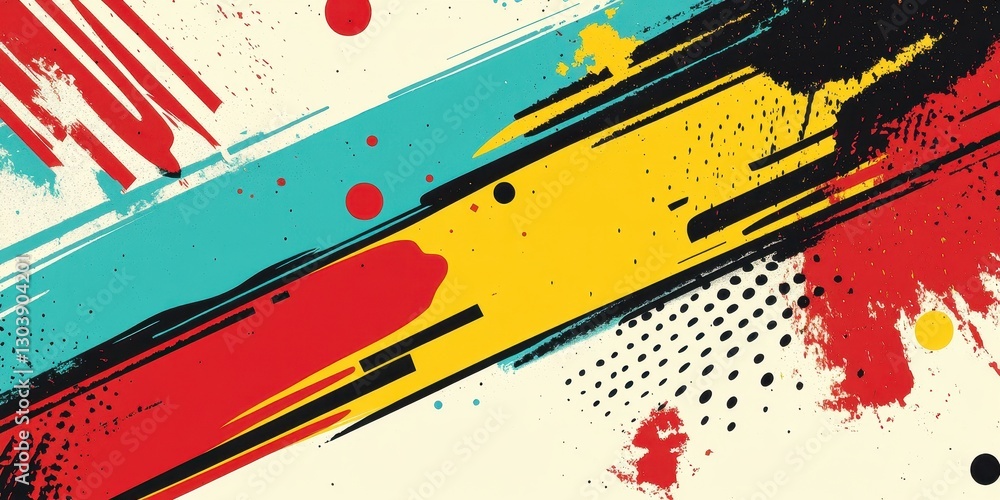 Poster colorful abstract design featuring bold diagonal lines and splatters