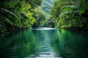 Obraz premium Serene Tropical River Scene Lush Green Jungle Calm Water Tranquil Nature