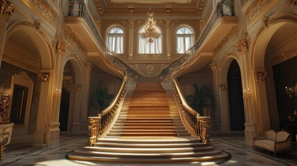 Naklejka premium Grandiose Golden Staircase in a Luxurious Mansion