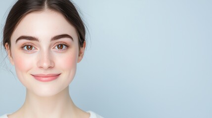 Fototapeta premium Close-up portrait of a young woman with clear skin and natural makeup, smiling against a light blue background
