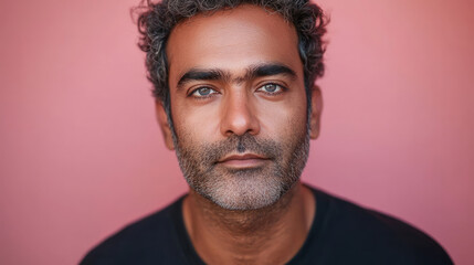 Obraz premium An attractive Indian man in his late thirties with short curly hair and stubble, generative AI