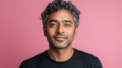Fototapeta premium An attractive Indian man in his late thirties with short curly hair and stubble, generative AI