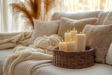 Cozy Autumn Living Room Decor Lit Candles Knit Blanket and Cream Pillows on a Sofa