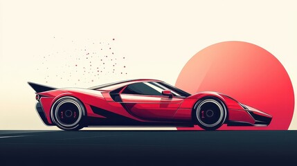 A Red Sports Car Displayed Against a Sunset Background