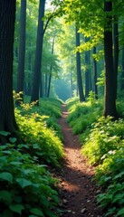 Fototapeta premium Overgrown path diverging from well-trodden trail in forest , discovery, trail