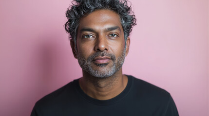 Obraz premium An attractive Indian man in his late thirties with short curly hair and stubble, generative AI