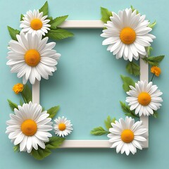 Fototapeta premium Daisies Frame White Square Pastel Blue Background
