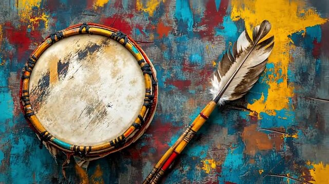 Native American drum and arrow on colorful surface