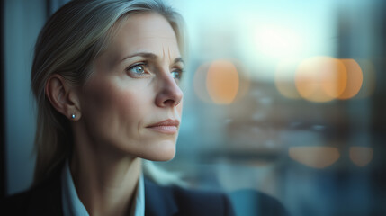 Obraz premium blonde businesswoman looks thoughtfully out window, contemplating future business strategy with determination, deep in thought, in office