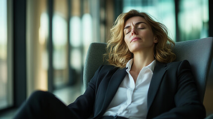 Exhausted businesswoman leans back in chair, eyes closed, searching peace after difficult day at work. She is tired and needs break