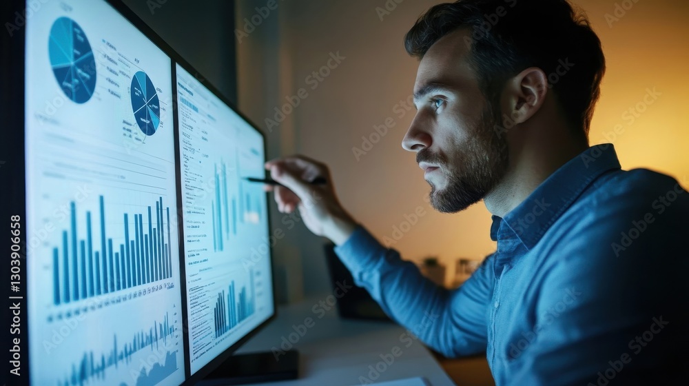 Poster a focused man analyzing charts on computer display screens