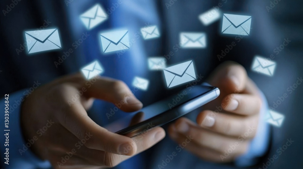 Aufkleber man holding a smartphone with floating email envelopes around it