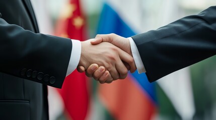 Handshake between representatives of Russia and China in front of national flags during diplomatic meeting in 2023