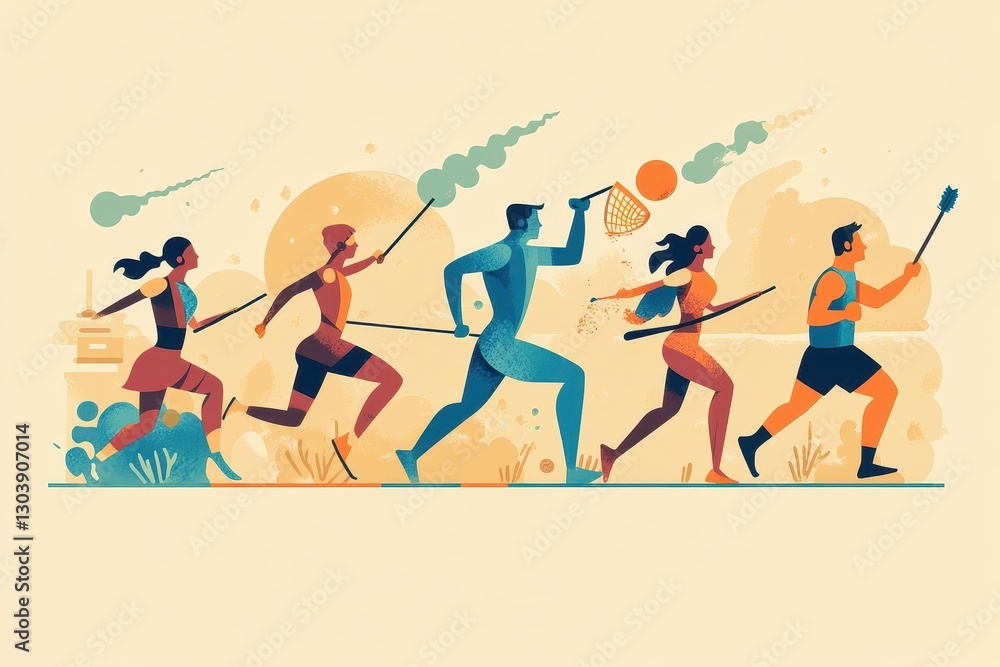 Poster people running races and attempting to catch objects in air