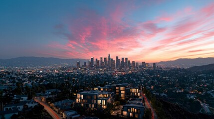 Fototapeta premium Los Angeles Skyline Sunset Cityscape Panorama Urban Twilight Modern Architecture Nigh