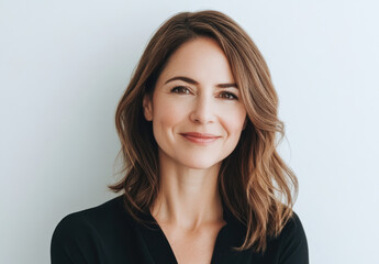 Obraz premium Portrait of a smiling woman with brown hair against a light background, conveying confidence and warmth