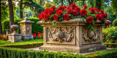 Obraz premium Elegant stone monument stands alone surrounded by lush greenery with vibrant red roses intricately carved on its surface in a classic style, nature, monument