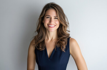 Naklejka premium Portrait of a smiling woman in a navy dress against a light background, exuding confidence and warmth