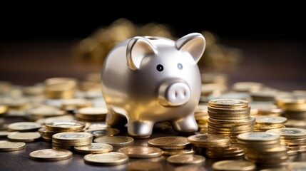 Elegant Silver Piggy Bank Guarding Pile of Gold Coins: Prudent Financial Savings