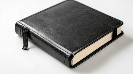 A closed black leather bound book with a bookmark on white background