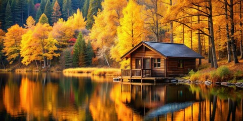 Fototapeta premium Cozy cabin surrounded by tall trees with golden autumn leaves and a serene lake in the background, autumn foliage