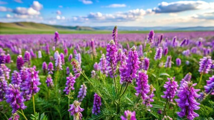 Obraz premium Field of Mongolian milkvetch with purple flowers and green leaves, flora, grassland, flora, grassland, botanical