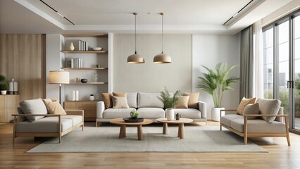 Fototapeta premium Spacious modern living room with neutral color palette and minimalist furniture arrangement, simplicity, monochromatic