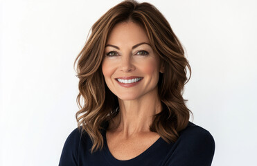 Obraz premium Portrait of a smiling woman with long hair, dressed casually, against a plain background