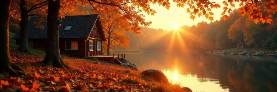 Cozy Swedish torp, golden hour light, fallen leaves surround , leaves, rural, brown