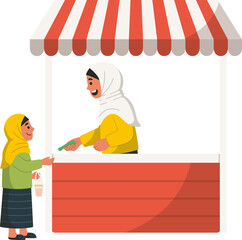 Stand Pasar Takjil di Acara Bazar Ramadan dengan karakter Penjual dan Pembeli Wanita