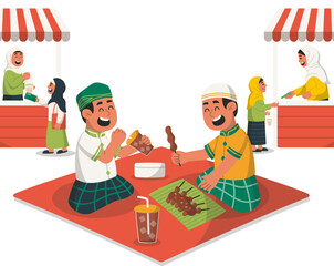 Children Enjoying Street Food Together Eating Sate