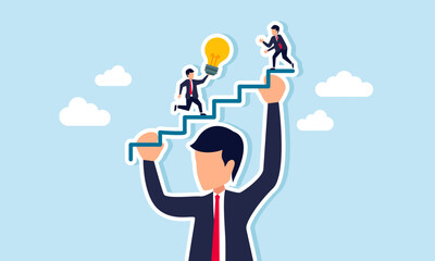 A giant businessman lifts a staircase-shaped line while another businessman passes a torch, illustration of a strong holding company help subsidiaries grow through ideas and innovations