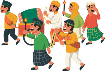 Ilustrasi Parade Malam Takbiran berkeliling dengan Drum Bedug dan Obor