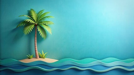 Fototapeta premium Tropical landscape with palm tree on blue paper art , greenery, calm water